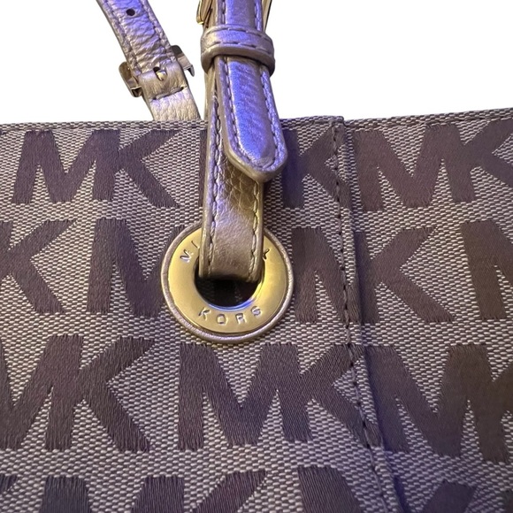 EUC Michael Kors Tan Brown Monogram Canvas Tote Handbag Gold Metallic Leather - Picture 3 of 12